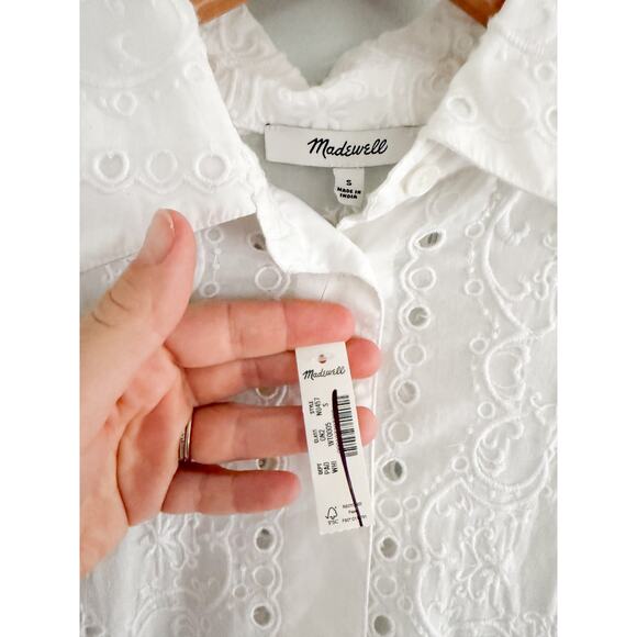 Madewell | NWT Embroidered Oversized Button-Up Shirt in White | Sz S - Picture 6 of 11